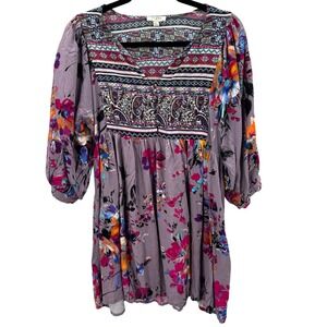 Umgee Boho Floral Print Tunic Top Dress Size Large Purple Lantern Sleeve